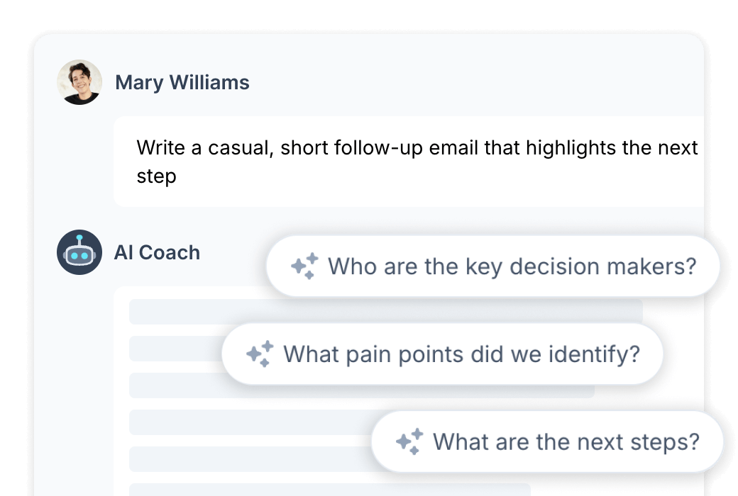Meeting Chat interface showing AI Coach conversation about follow-up emails