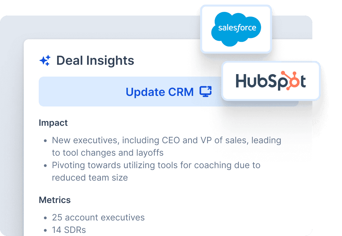 Deal Insights interface showing Impact and Metrics sections with Salesforce and HubSpot integration
