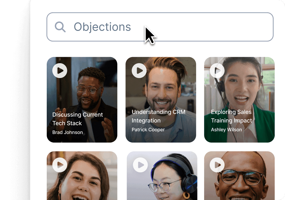 Auto-capture Moments interface showing video clips with objections filter